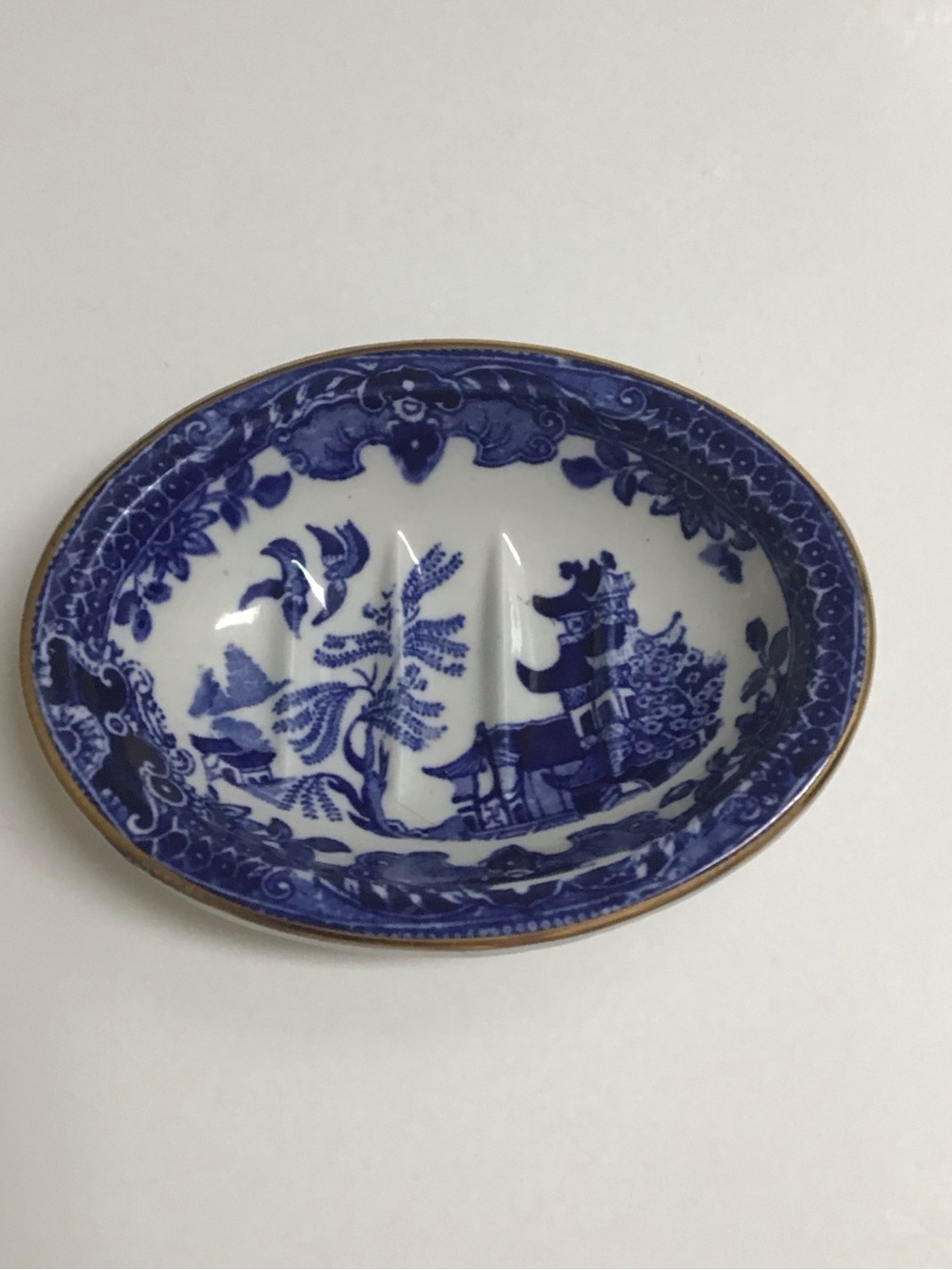 Blue Willow Antique 1920's England Burleigh Ware Oval Soap Dish Ridges Gold Rim - Picture 10 of 14